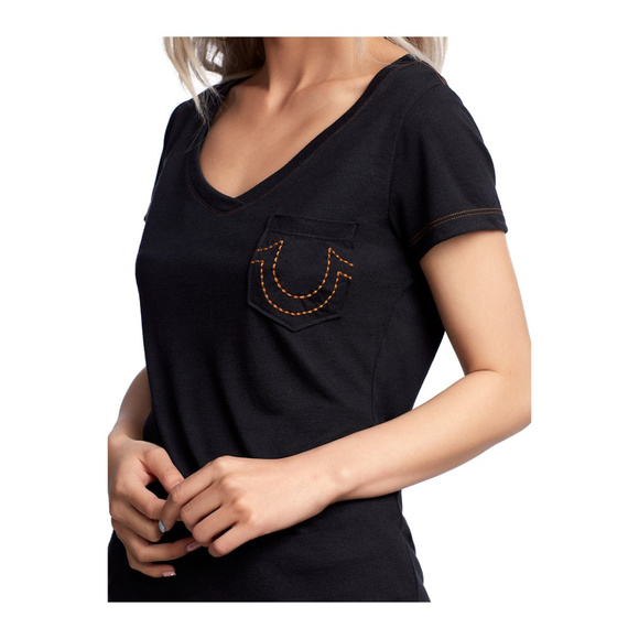 True Religion Women's V Pocket Round V-Neck Tee T-Shirt in Black - Picture 4 of 4